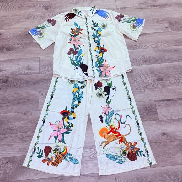 Summer Vibe 2 Piece Set Size 3XL Satin Chic Art Short Sleeve Shirt Wide Leg Pant - Picture 5 of 16